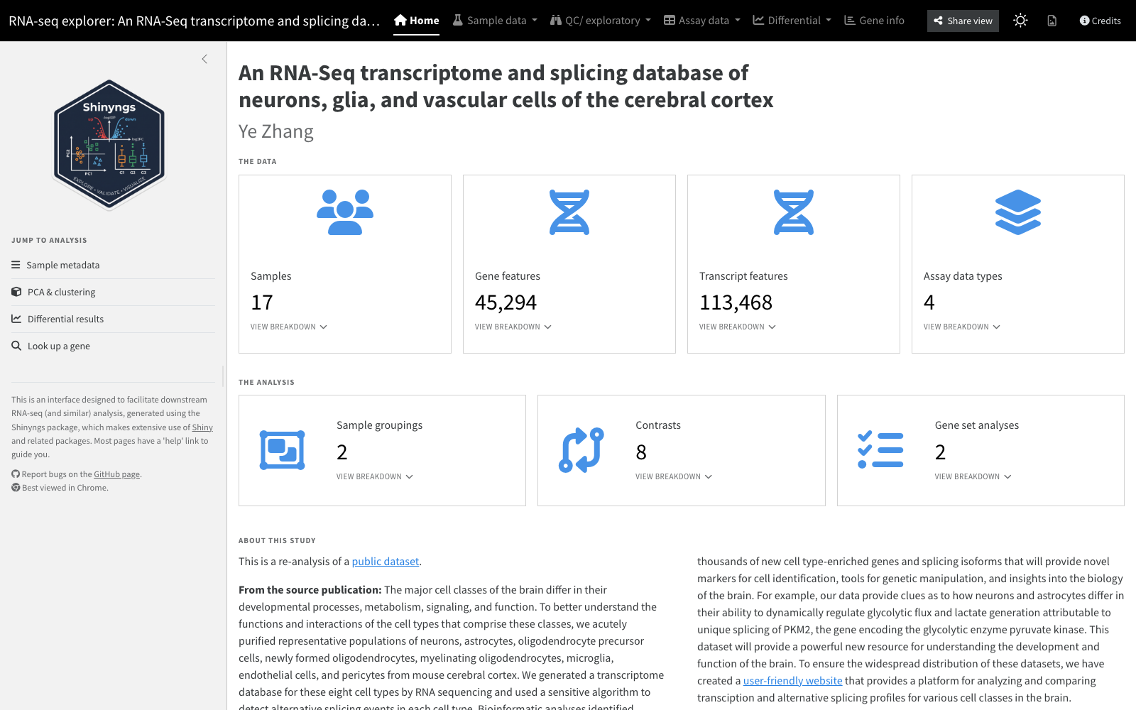 The home page, summarising a loaded study